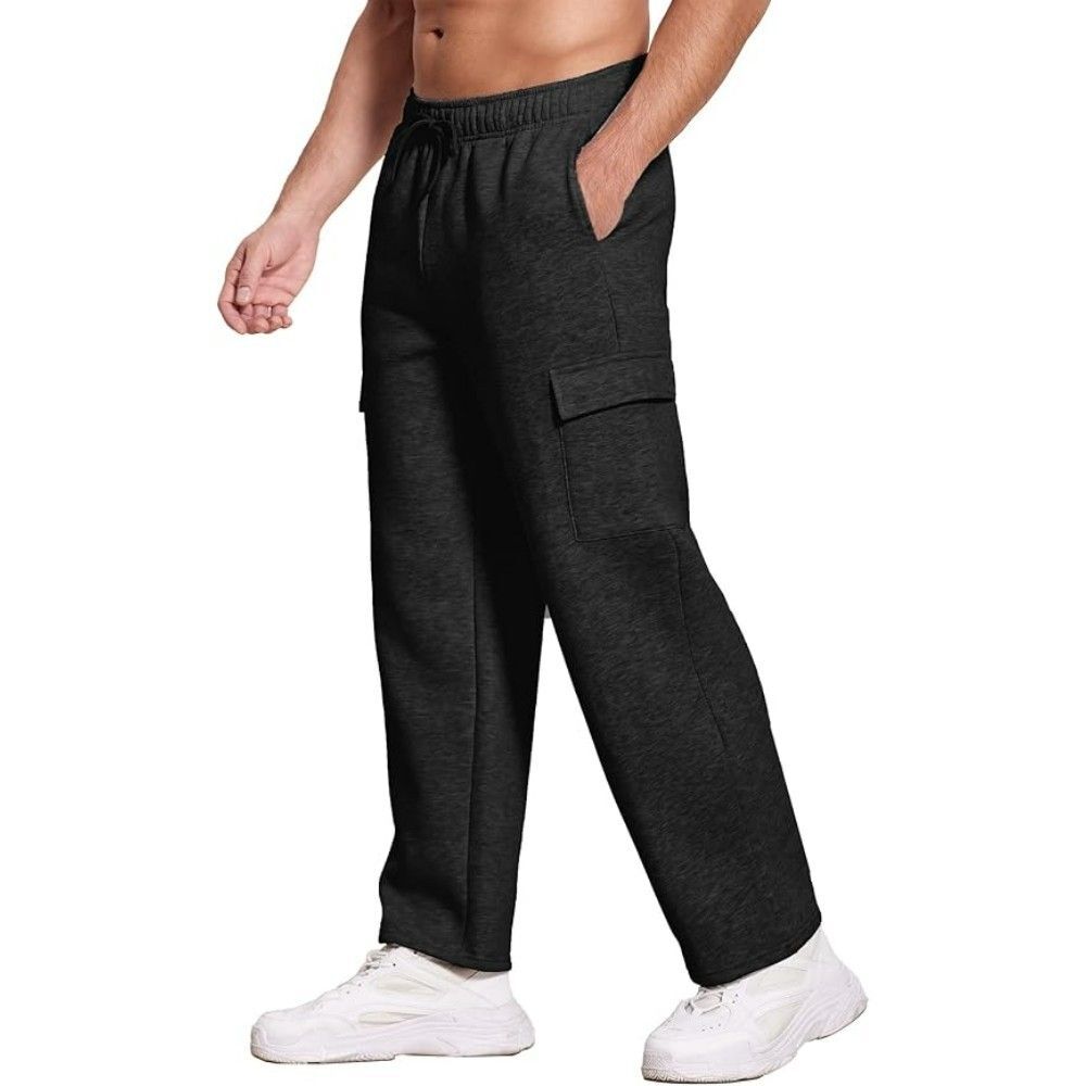 Deyeek Men's Cargo Sweatpants LARGE Black Fleece Loose Fit Joggers Lounge Pants